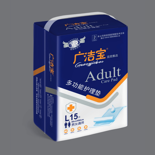 Adult care underpad multipack box, blue and white with absorbent pad icon.